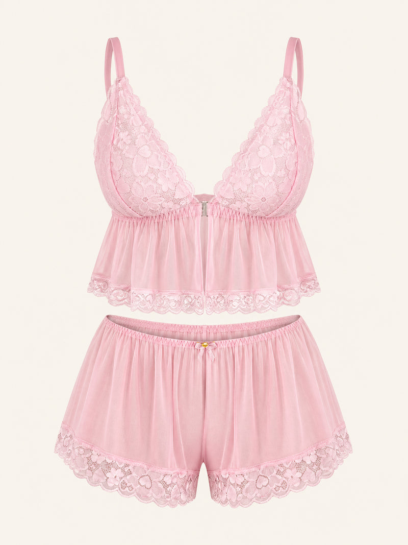 Plus Size Light Pink Lace Pajama Set with Floral Trim
