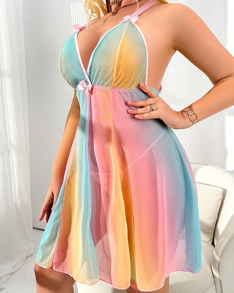 Plus Size Pastel Rainbow Mesh Nightdress Set with Lace-Nightgown-Bellascena-bellascena