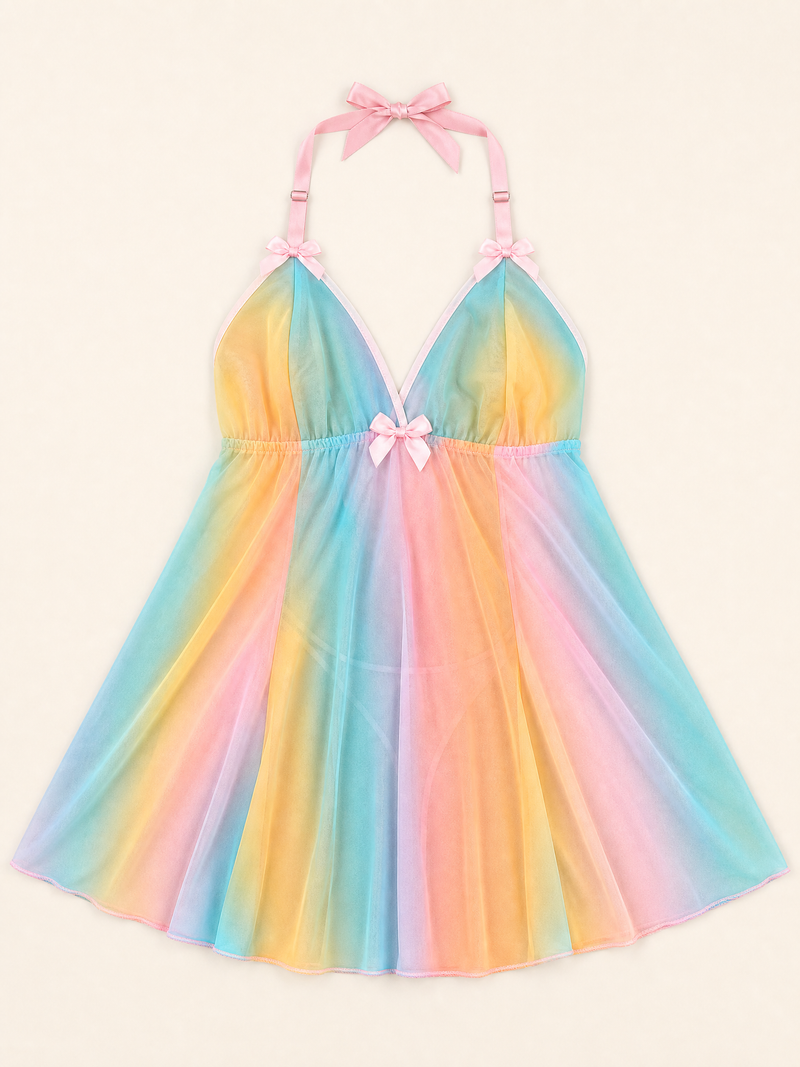 Set camicia da notte in rete con sfumatura arcobaleno pastello per taglie forti e pizzo