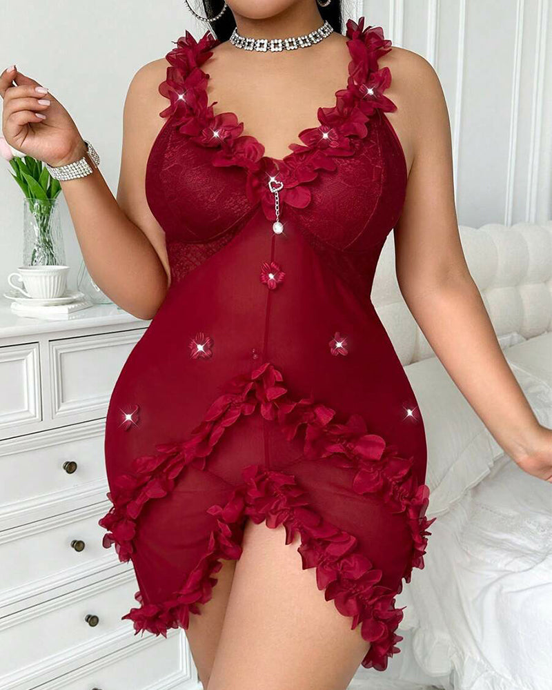 Plus Size Pink Floral Lace Nightgown with Spaghetti Strap Elegance-Nightgown-Bellascena-bellascena