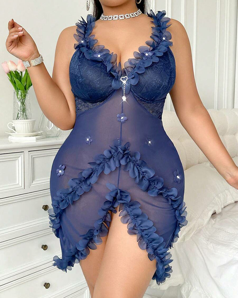 Plus Size Pink Floral Lace Nightgown with Spaghetti Strap Elegance-Nightgown-Bellascena-Navy Blue-L-bellascena