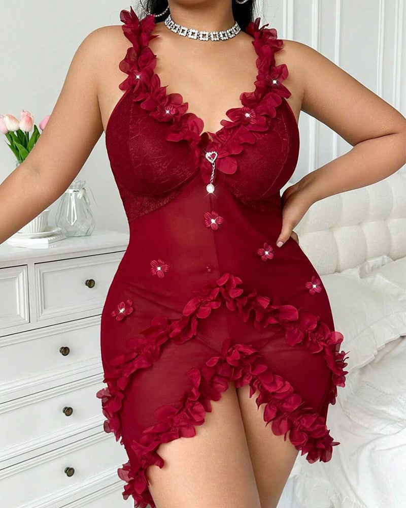 Plus Size Pink Floral Lace Nightgown with Spaghetti Strap Elegance-Nightgown-Bellascena-Wine Red-L-bellascena