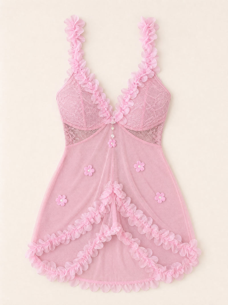 Elegante camicia da notte rosa in pizzo floreale, taglie forti, con spalline sottili