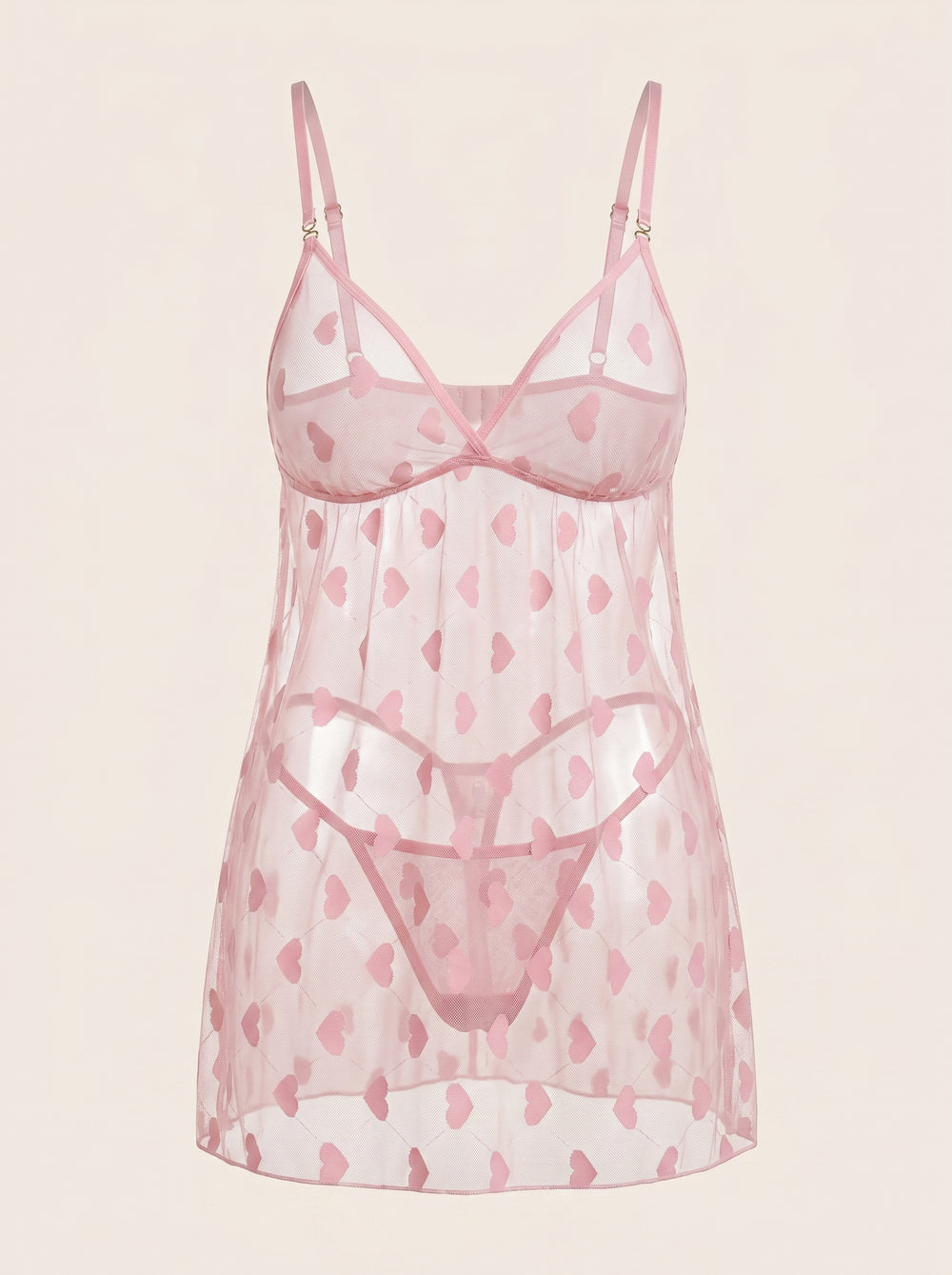 Babydoll en résille rose à imprimé de cœurs grande taille avec détails transparents à bretelles