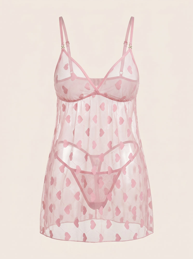 Plus Size Pink Heart Print Mesh Babydoll with Strappy Sheer Detail