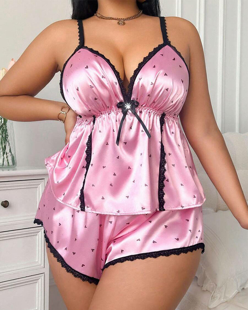 Plus Size Pink Heart Satin Pajama Set with Spaghetti Straps-Pajama Set-Bellascena-bellascena