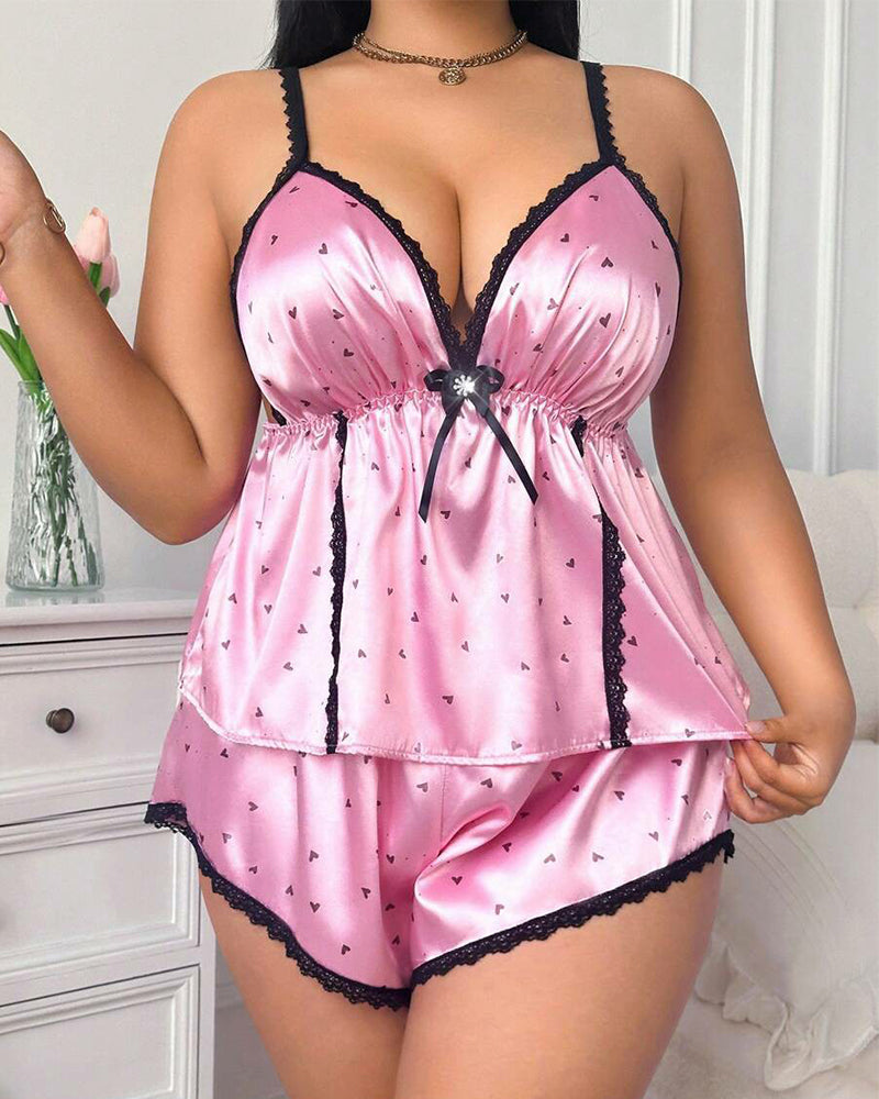 Plus Size Pink Heart Satin Pajama Set with Spaghetti Straps-Pajama Set-Bellascena-bellascena