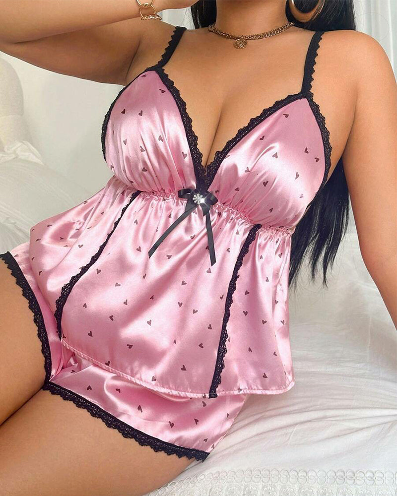 Plus Size Pink Heart Satin Pajama Set with Spaghetti Straps-Pajama Set-Bellascena-bellascena