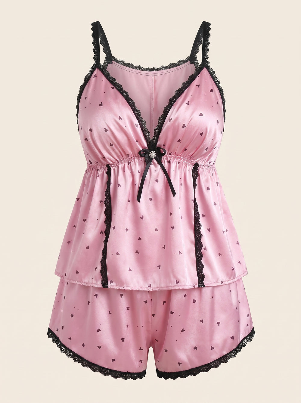 Set pigiama in raso rosa con cuori per taglie forti e spalline sottili