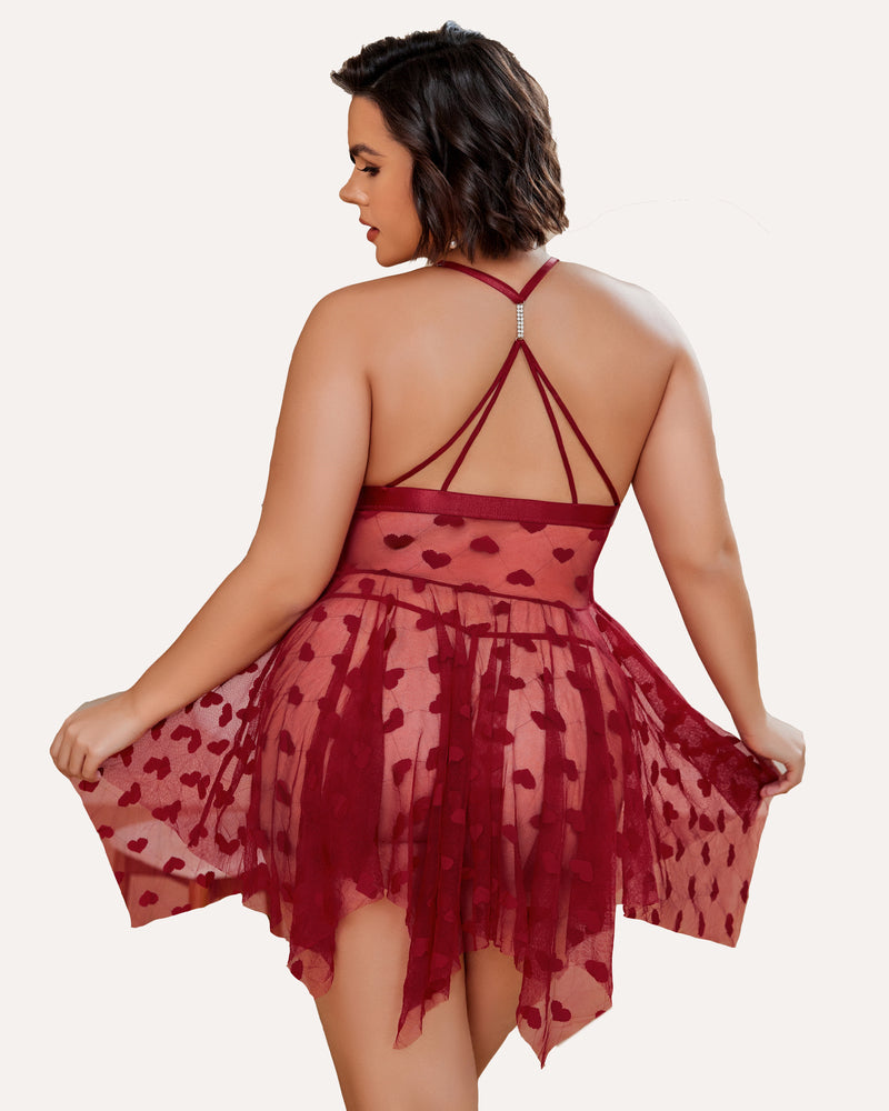 Plus Size Purple Heart Pattern Lace Nightgown with Sheer Front Slit-Nightgown-Bellascena-bellascena