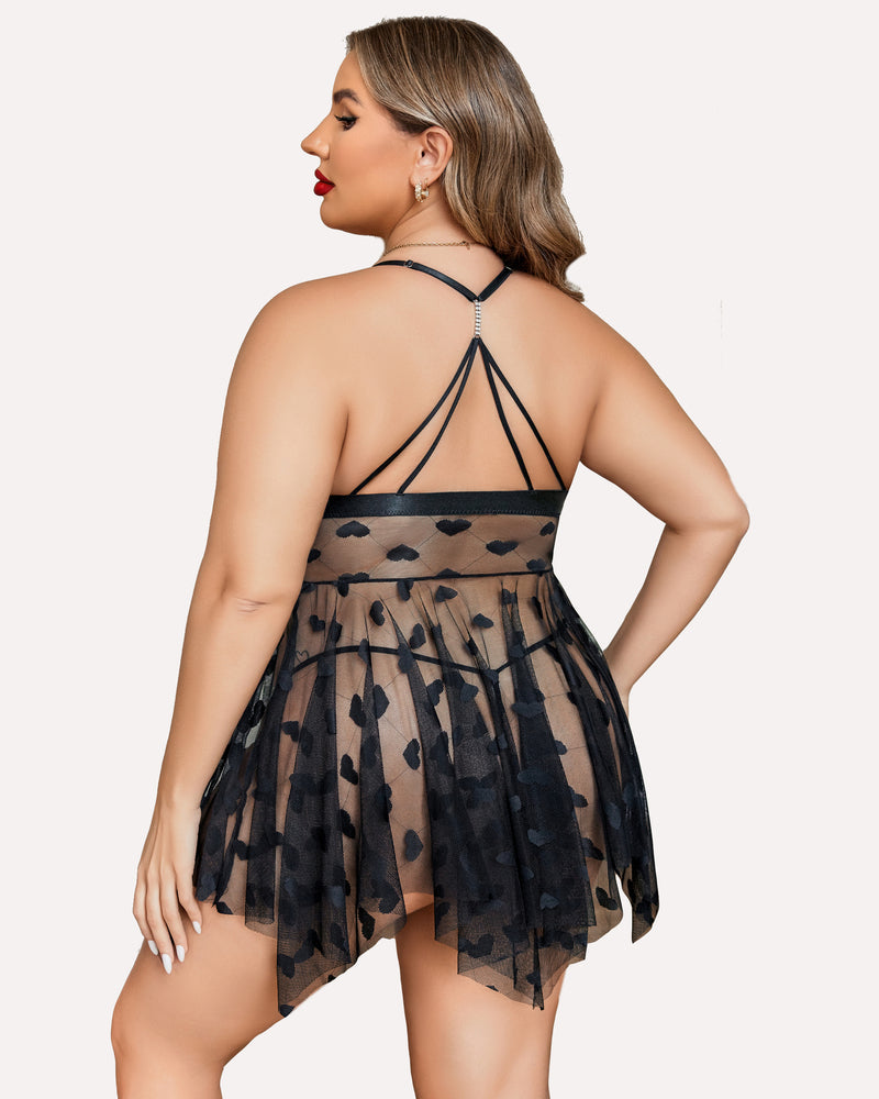 Plus Size Purple Heart Pattern Lace Nightgown with Sheer Front Slit-Nightgown-Bellascena-bellascena