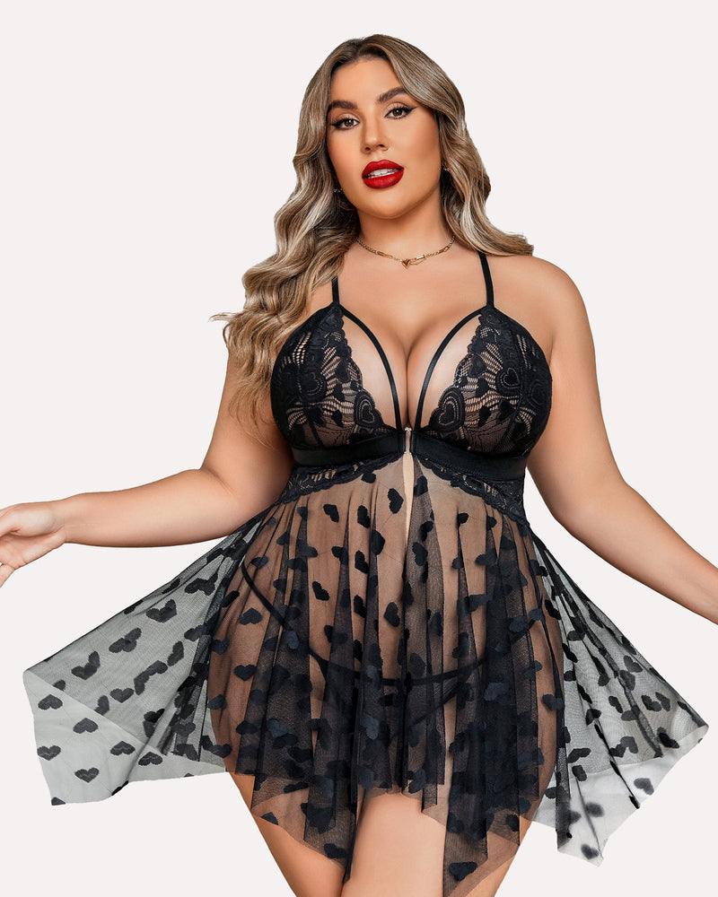 Plus Size Purple Heart Pattern Lace Nightgown with Sheer Front Slit-Nightgown-Bellascena-bellascena