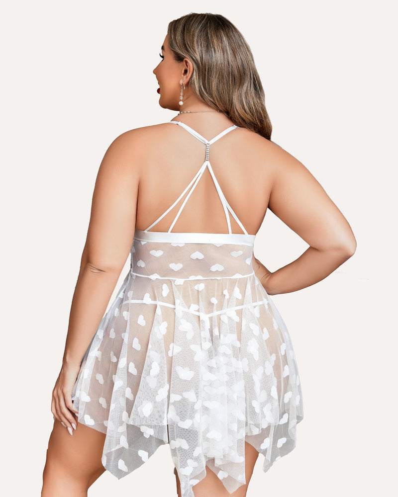 Plus Size Purple Heart Pattern Lace Nightgown with Sheer Front Slit-Nightgown-Bellascena-bellascena