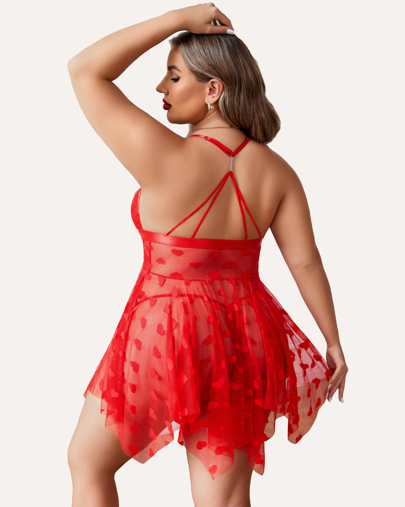 Plus Size Purple Heart Pattern Lace Nightgown with Sheer Front Slit-Nightgown-Bellascena-bellascena
