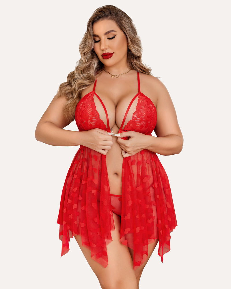 Plus Size Purple Heart Pattern Lace Nightgown with Sheer Front Slit-Nightgown-Bellascena-bellascena