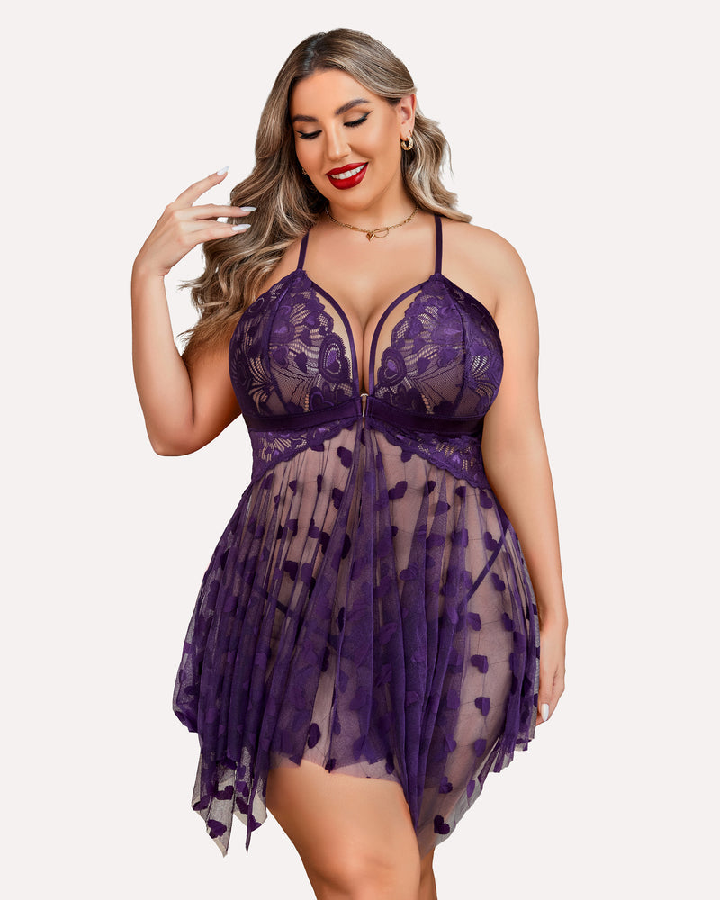 Plus Size Purple Heart Pattern Lace Nightgown with Sheer Front Slit-Nightgown-Bellascena-bellascena