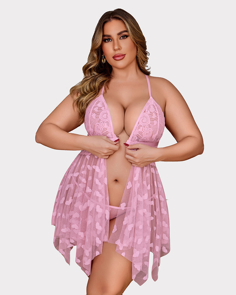 Plus Size Purple Heart Pattern Lace Nightgown with Sheer Front Slit-Nightgown-Bellascena-bellascena