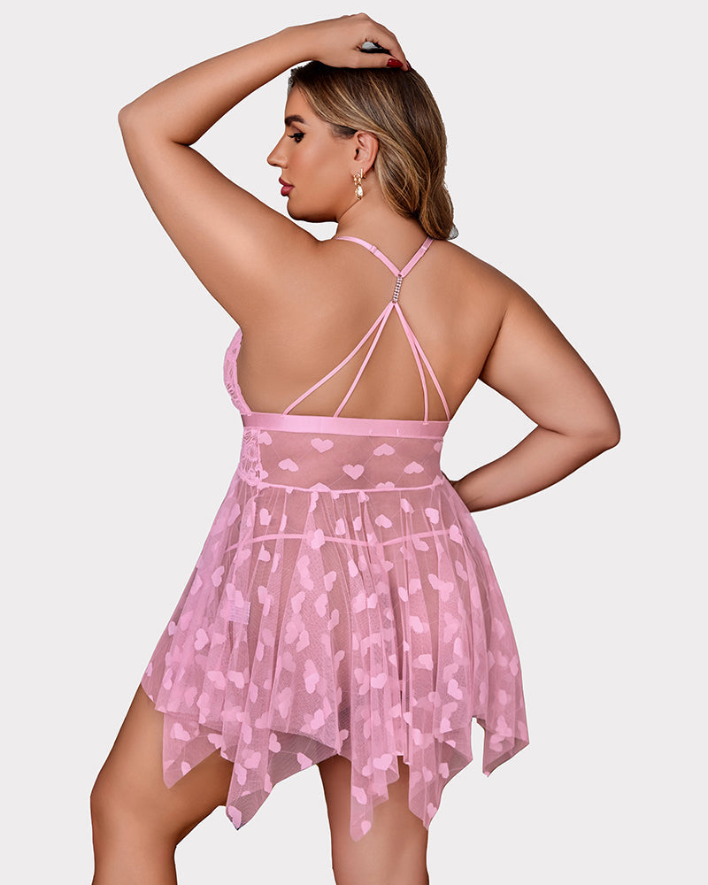 Plus Size Purple Heart Pattern Lace Nightgown with Sheer Front Slit-Nightgown-Bellascena-bellascena