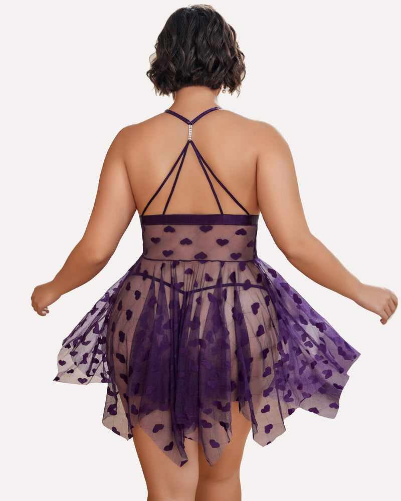 Plus Size Purple Heart Pattern Lace Nightgown with Sheer Front Slit-Nightgown-Bellascena-bellascena