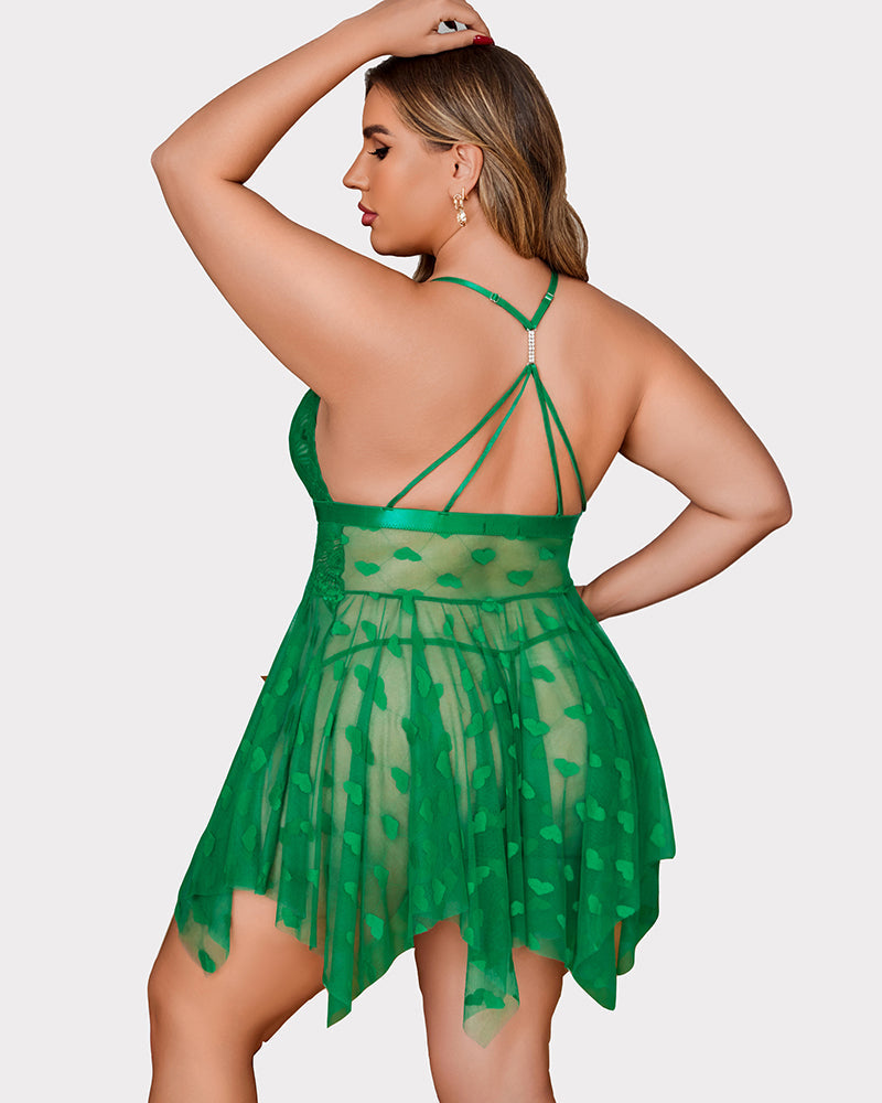 Plus Size Purple Heart Pattern Lace Nightgown with Sheer Front Slit-Nightgown-Bellascena-bellascena