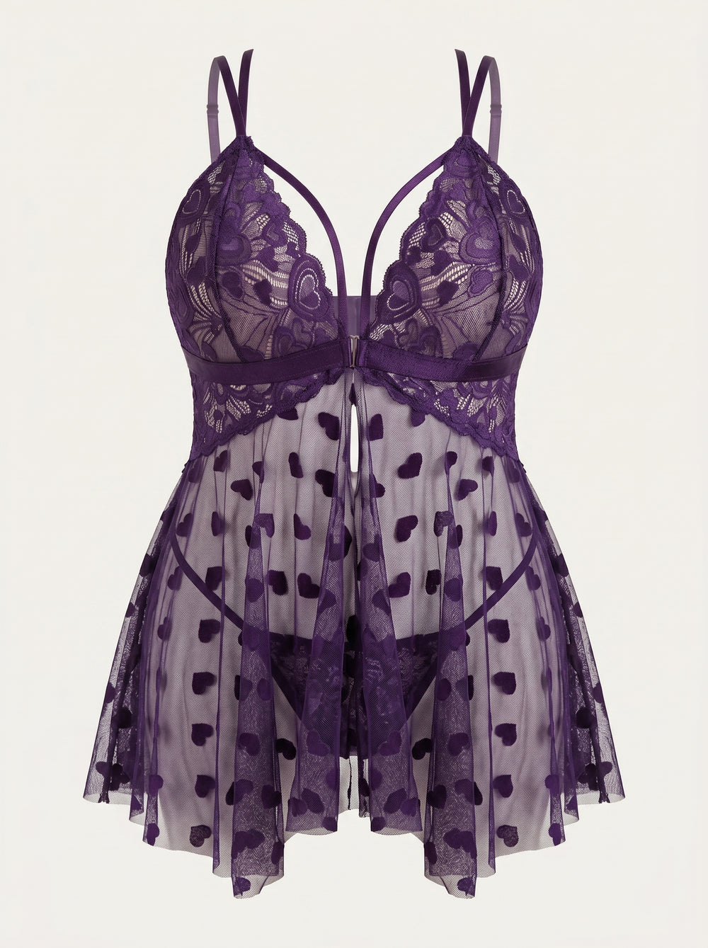 Camisón de encaje de talla grande con estampado de corazones morados y abertura frontal transparente