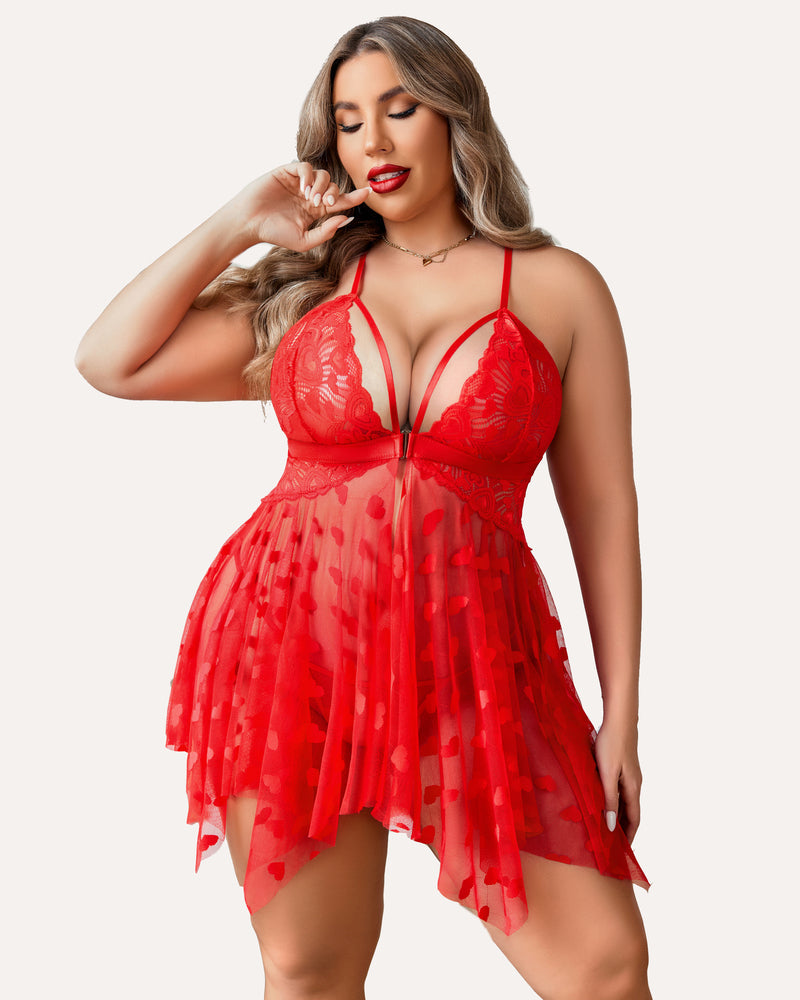 Plus Size Purple Heart Pattern Lace Nightgown with Sheer Front Slit-Nightgown-Bellascena-Red-L-bellascena