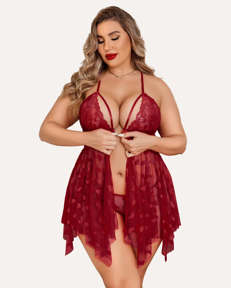 Plus Size Purple Heart Pattern Lace Nightgown with Sheer Front Slit-Nightgown-Bellascena-Wine Red-L-bellascena