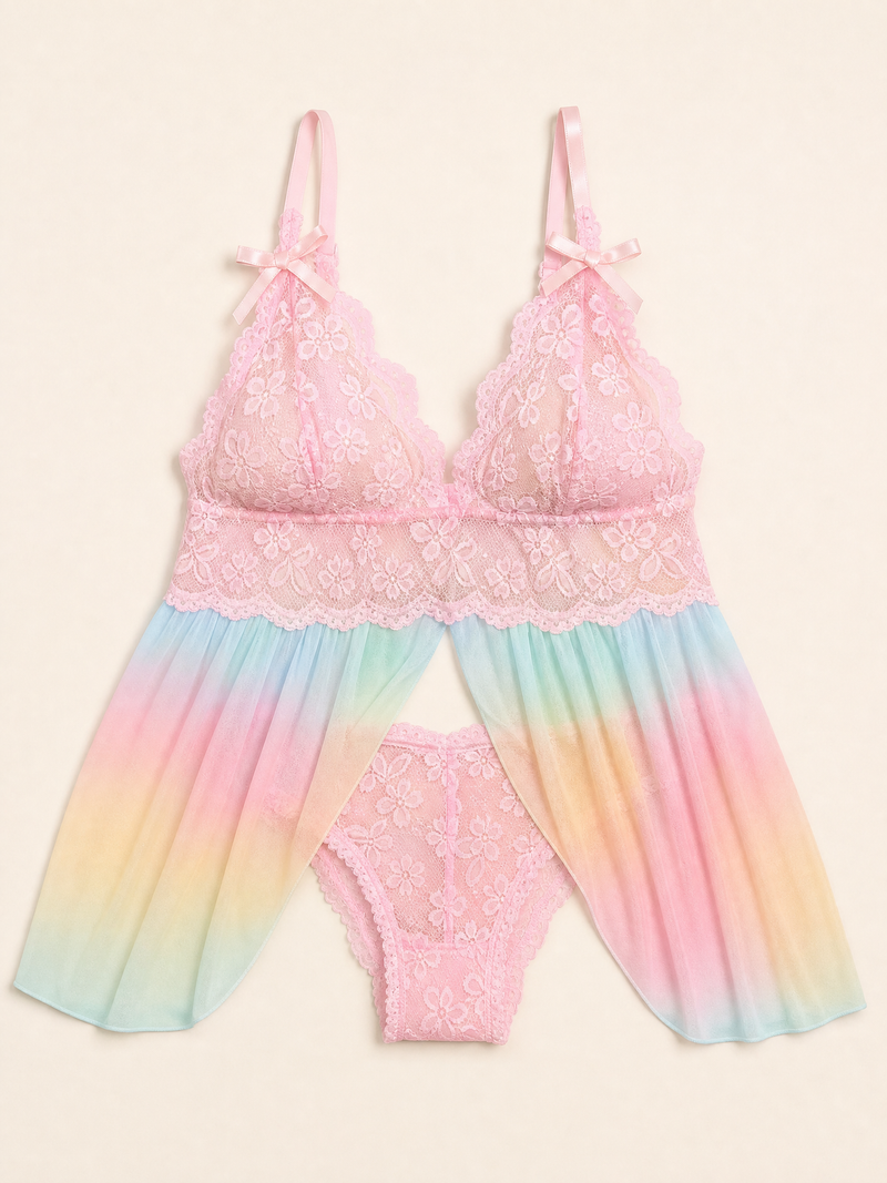 Plus Size Rainbow Gradient Lace Teddy with Strappy Details
