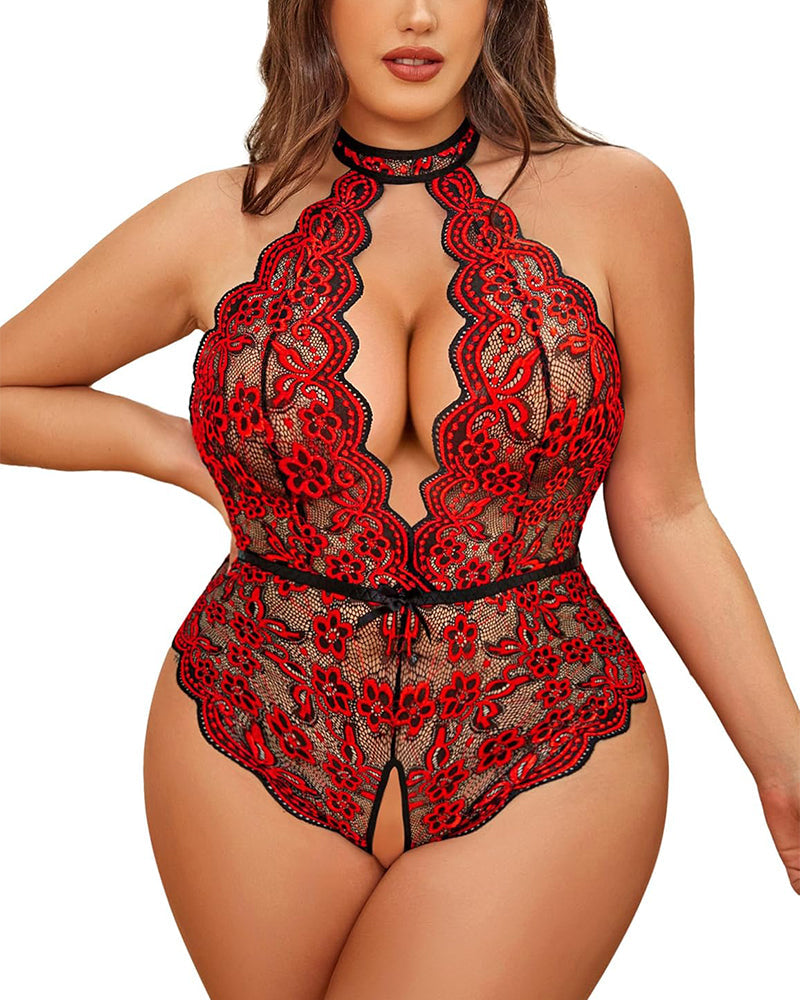 Plus Size Red Floral Lace Bodysuit with Sheer Design-Bodysuit-Bellascena-bellascena