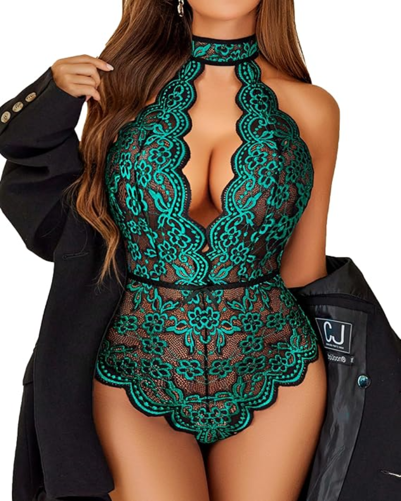 Plus Size Red Floral Lace Bodysuit with Sheer Design-Bodysuit-Bellascena-bellascena