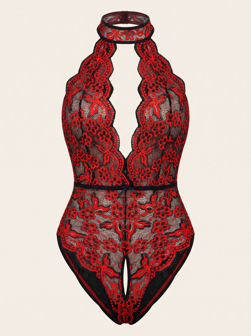 Plus Size Red Floral Lace Bodysuit with Sheer Design