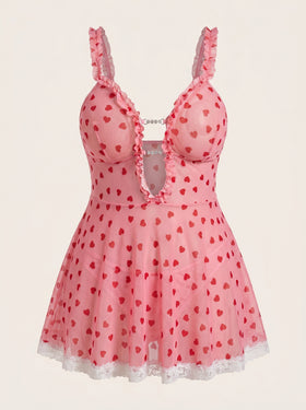 Plus Size Red Heart Pattern Mesh Chemise Set with Panty-Nightgown-Bellascena-bellascena