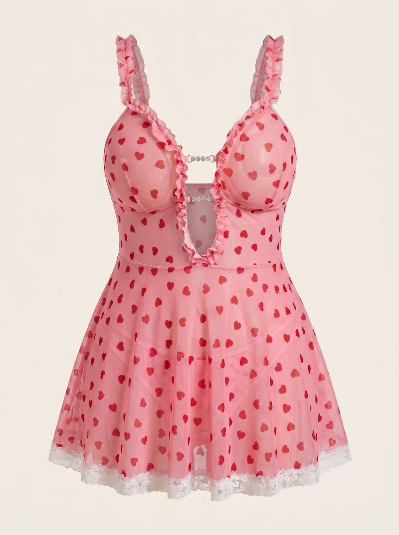 Set camicia da notte in rete con motivo di cuori rossi e slip, taglie forti