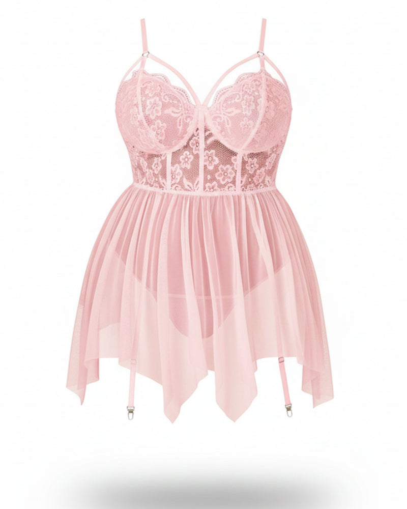 Plus Size Red Lace Babydoll Nightgown with Floral Details-Nightgown-Bellascena-bellascena