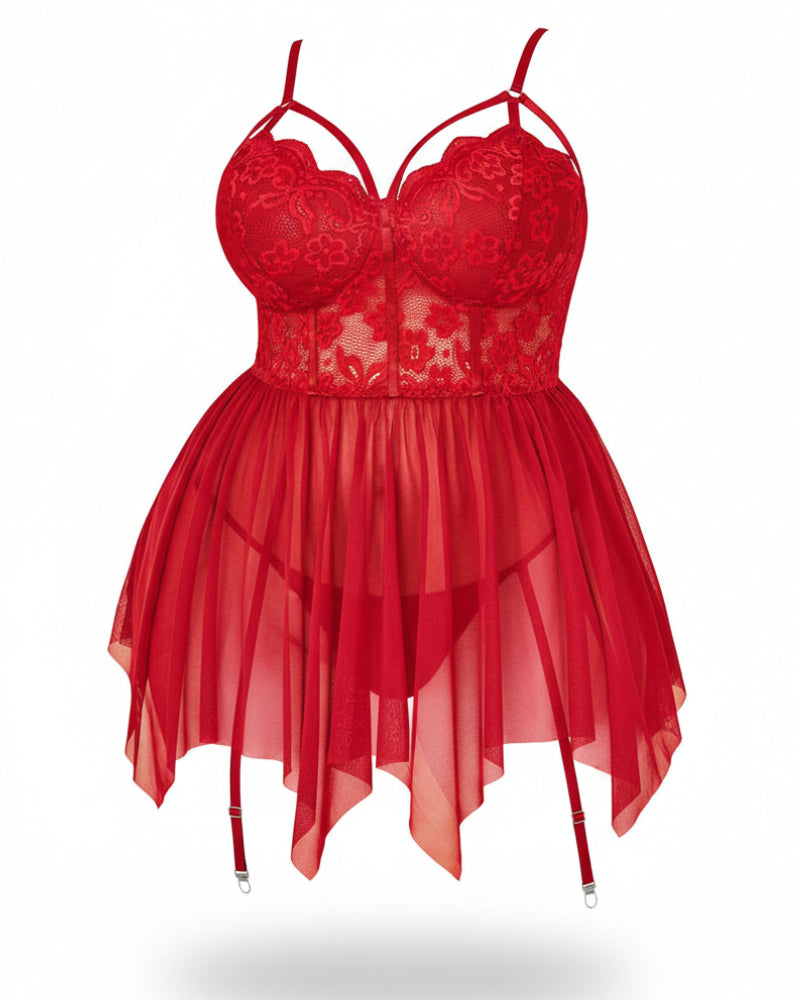 Plus Size Red Lace Babydoll Nightgown with Floral Details-Nightgown-Bellascena-bellascena