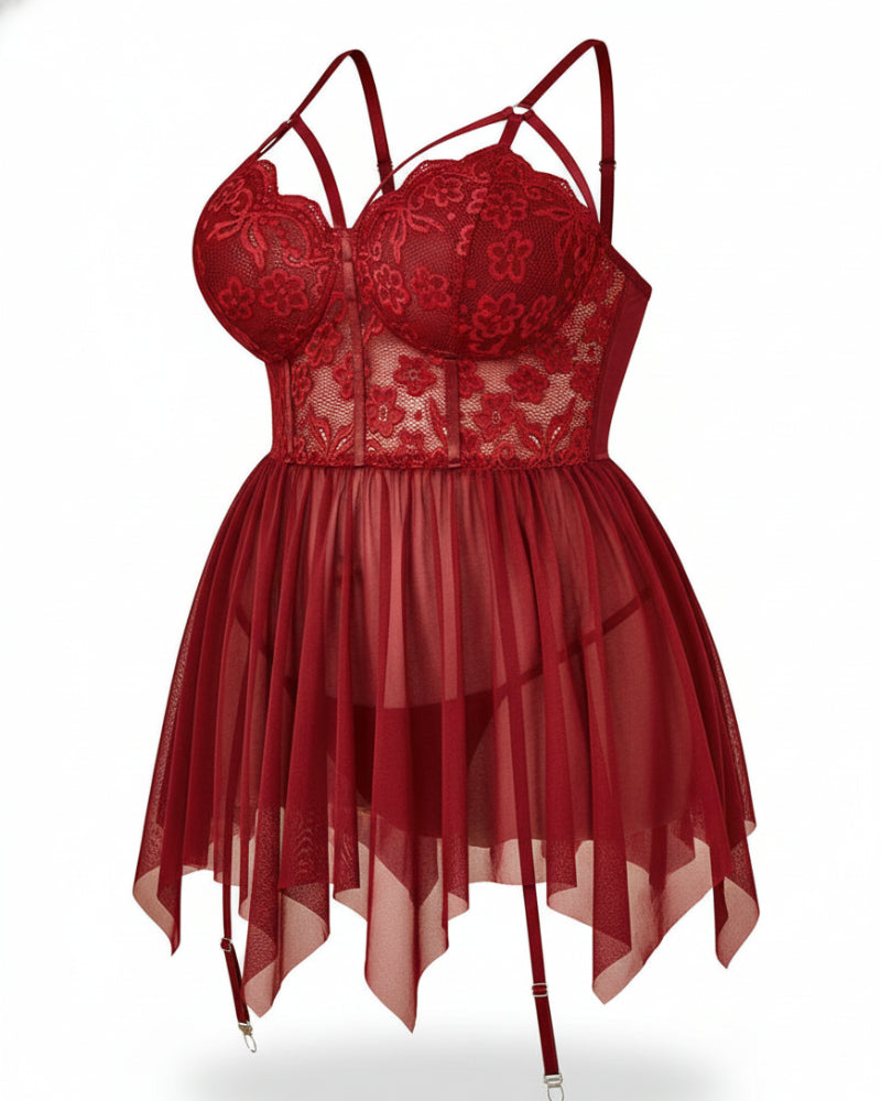Plus Size Red Lace Babydoll Nightgown with Floral Details-Nightgown-Bellascena-bellascena