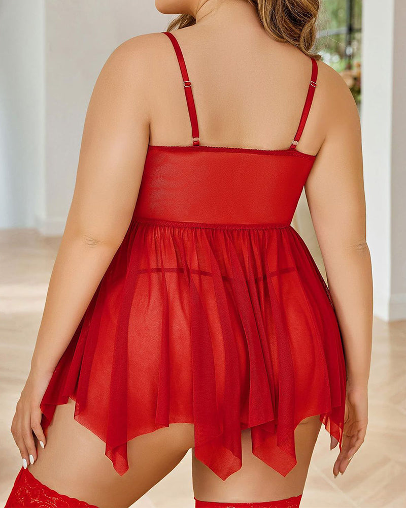 Plus Size Red Lace Babydoll Nightgown with Floral Details-Nightgown-Bellascena-bellascena