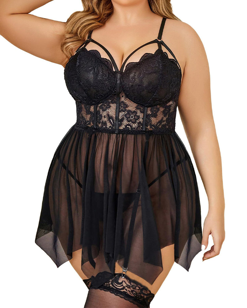 Plus Size Red Lace Babydoll Nightgown with Floral Details-Nightgown-Bellascena-bellascena