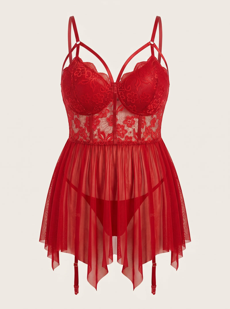 Camicia da notte babydoll in pizzo rosso per taglie forti con dettagli floreali