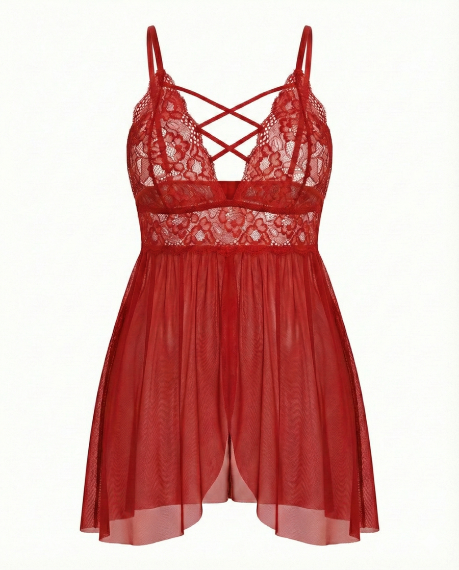 Plus Size Red Lace Babydoll with Criss-Cross Details-Lingerie Set-Bellascena-bellascena