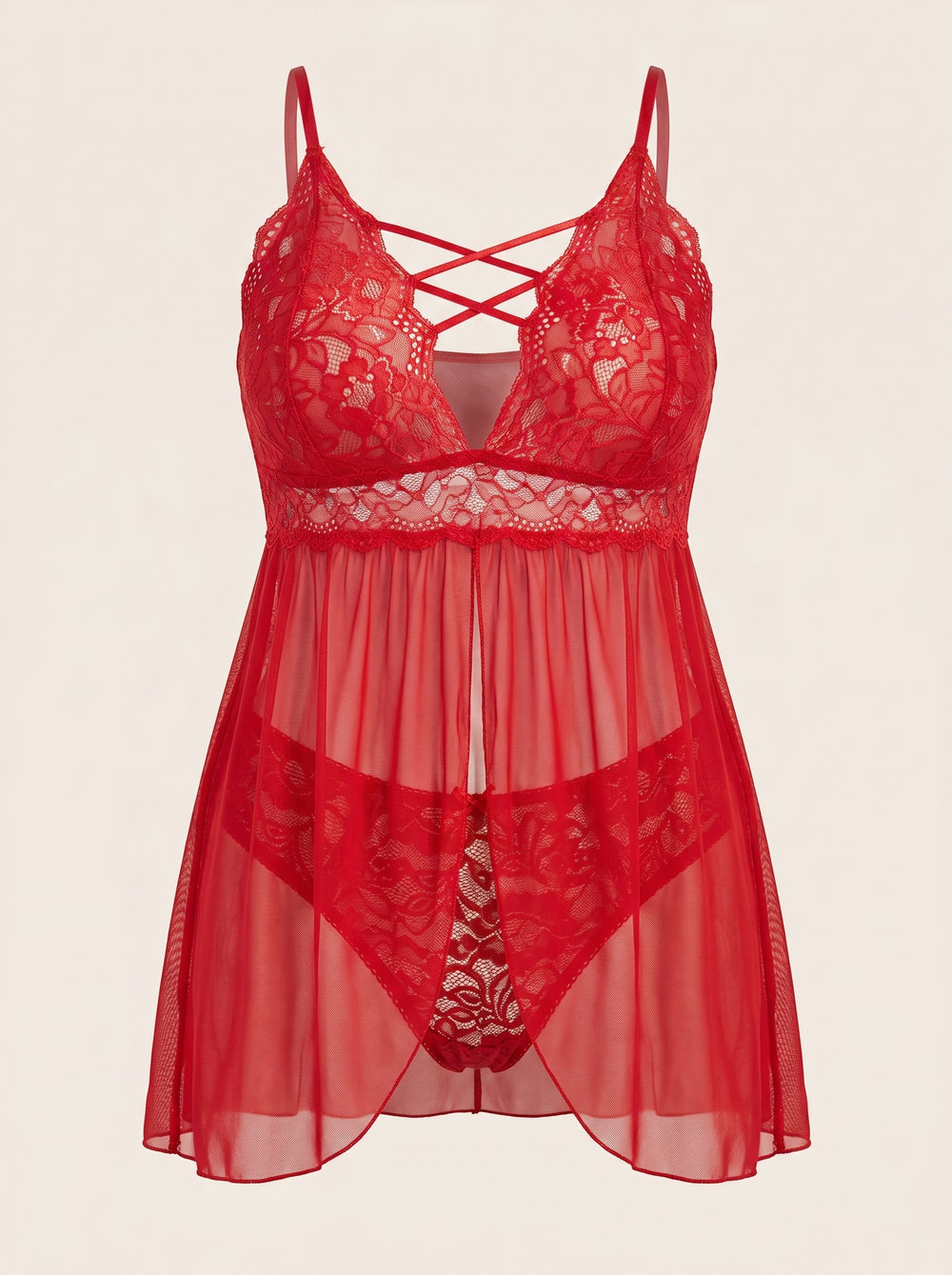 Babydoll en dentelle rouge grande taille avec détails entrecroisés