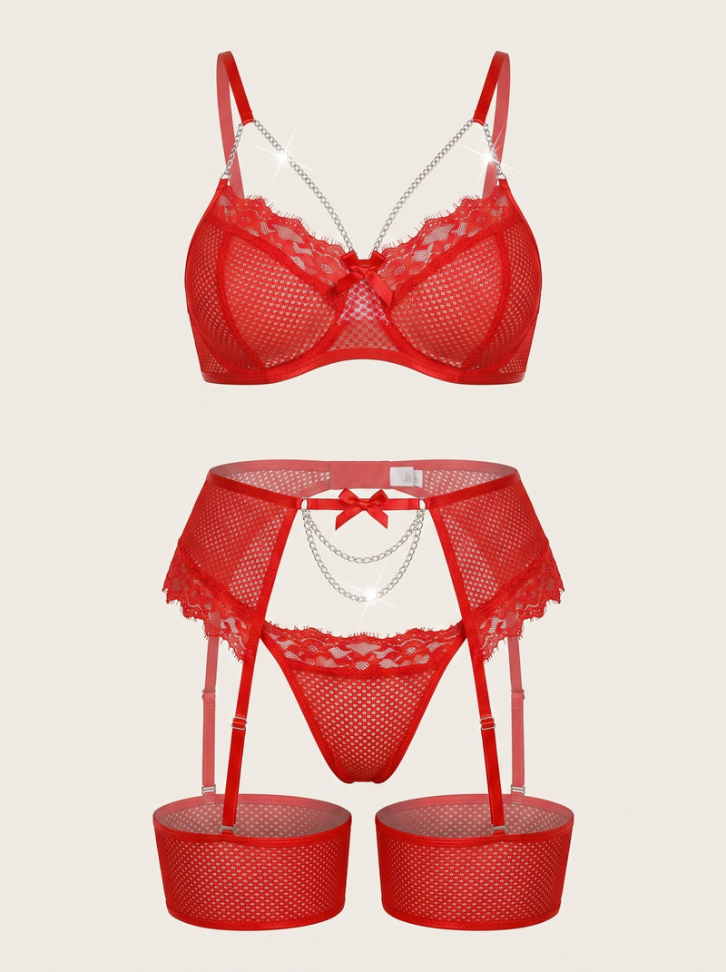 Set lingerie a rete con motivo in pizzo rosso per taglie forti e dettaglio a catena