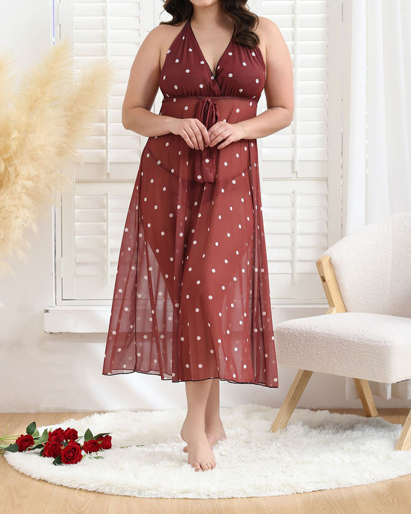 Plus Size Red Polka Dot Sheer Maxi Dress with Bow Detail-Nightgown-Bellascena-bellascena