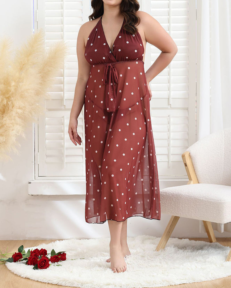 Plus Size Red Polka Dot Sheer Maxi Dress with Bow Detail-Nightgown-Bellascena-bellascena