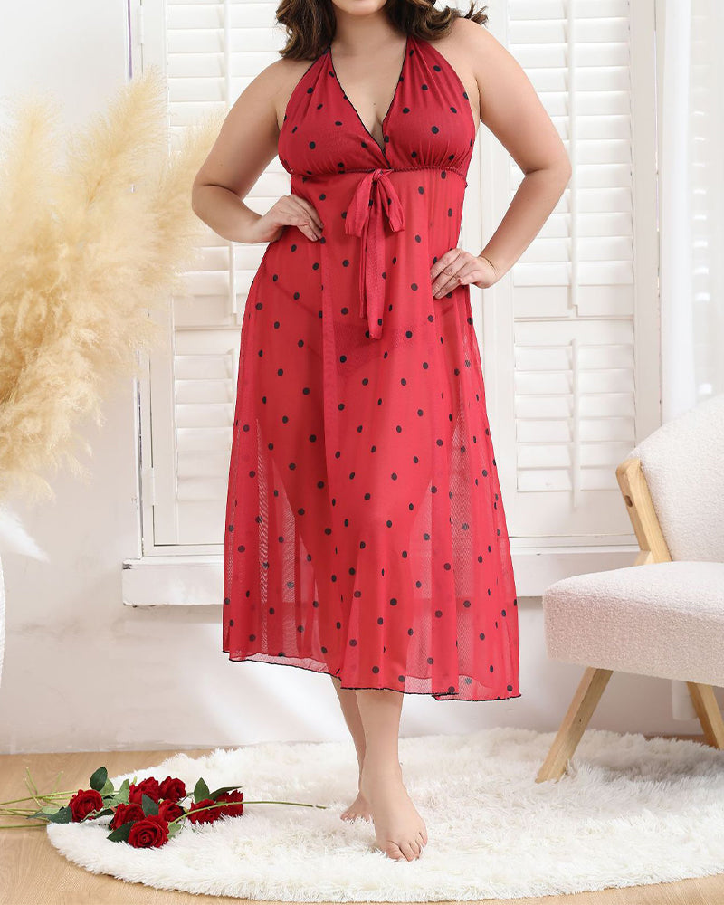 Plus Size Red Polka Dot Sheer Maxi Dress with Bow Detail-Nightgown-Bellascena-bellascena