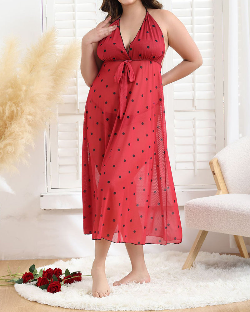 Plus Size Red Polka Dot Sheer Maxi Dress with Bow Detail-Nightgown-Bellascena-bellascena