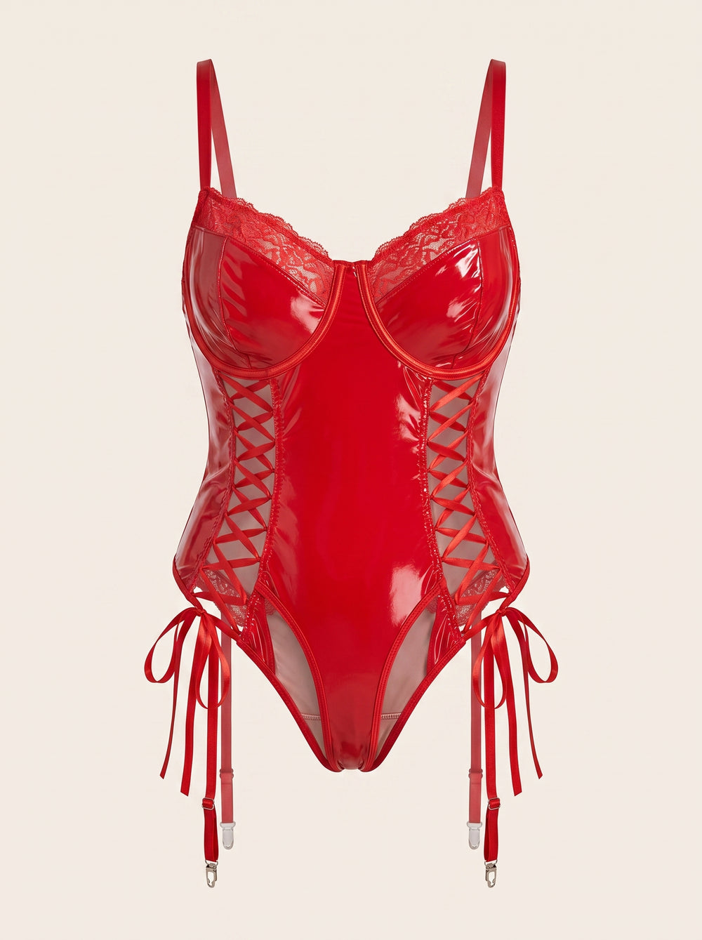 Plus Size Red Shiny Bodysuit with Lace and Strappy Design
