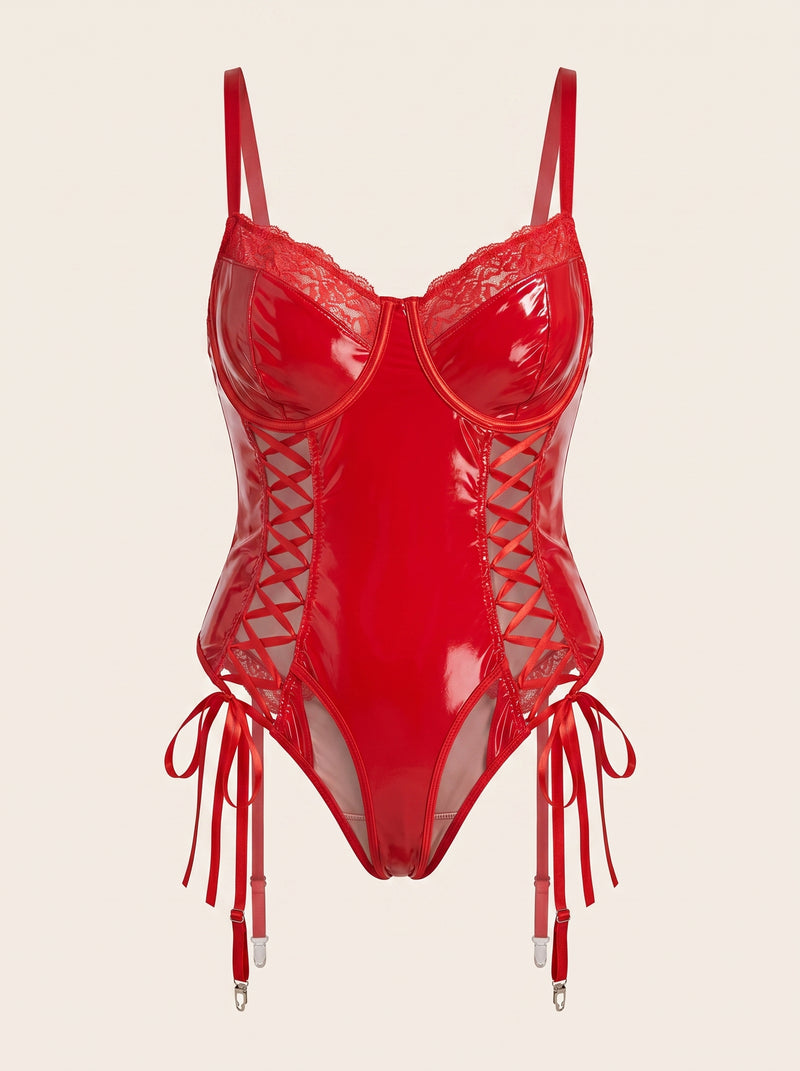 Plus Size Red Shiny Bodysuit with Lace and Strappy Design