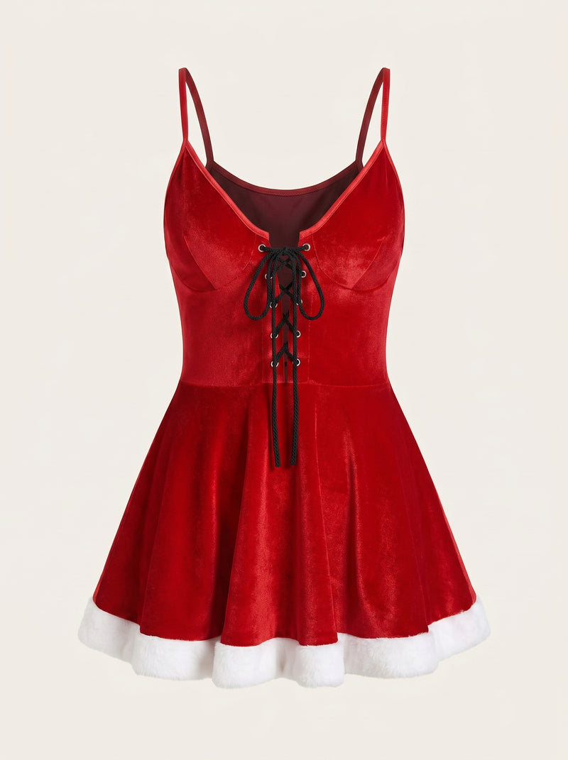 Abito costume da coniglietta in velluto rosso per taglie forti con bordi in pelliccia