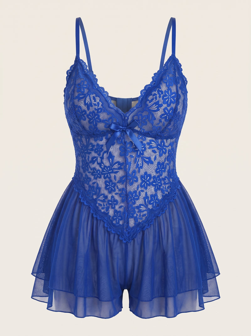 Plus Size Royal Blue Lace Bodysuit with Floral Detail